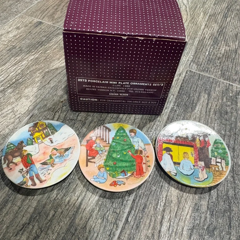 Vintage 1989 Lillian Vernon Porcelain Mini Plate Ornaments Set 3 2572 Christmas